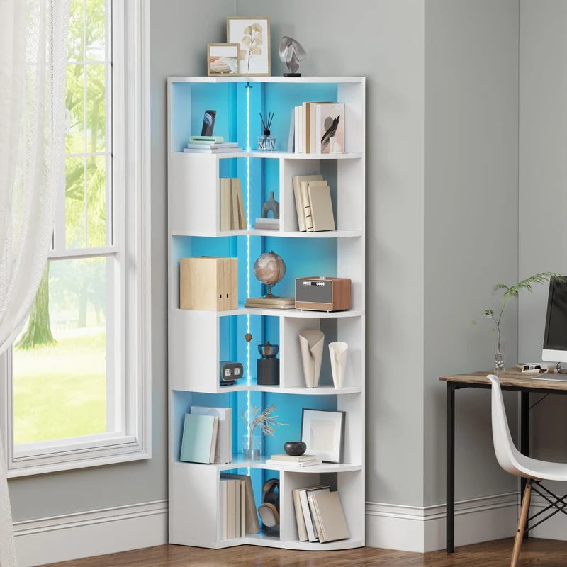 YITAHOME 7-Tier Corner Bookshelf with LED Lighting, Multifunctional L-Shaped Storage Shelf, Modern Bookcase for Living Room, Bedroom, Study or Office, 64 x 41.5 x 180 cm, White