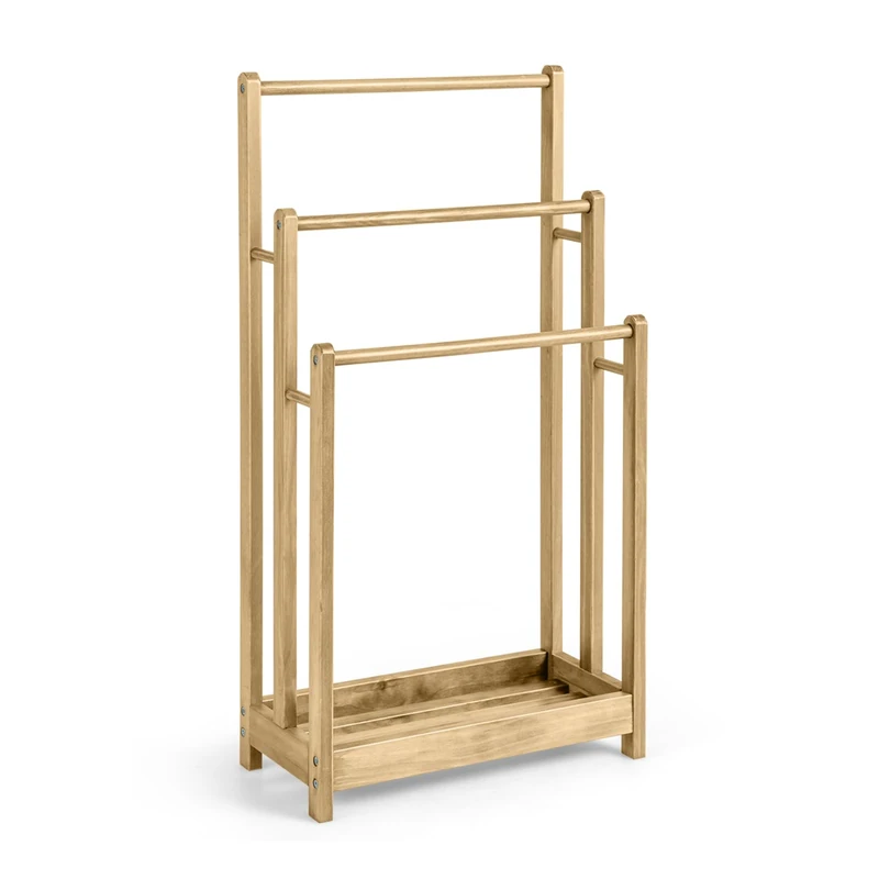 RELAX4LIFE 3-Tier Towel Rack, Freestanding Towel Rail Towel Holder with Bottom Shelf & Anti-Tipping Device, Wooden Towel Drying Bar Stand for Bathroom Hotel Poolside (Natural)