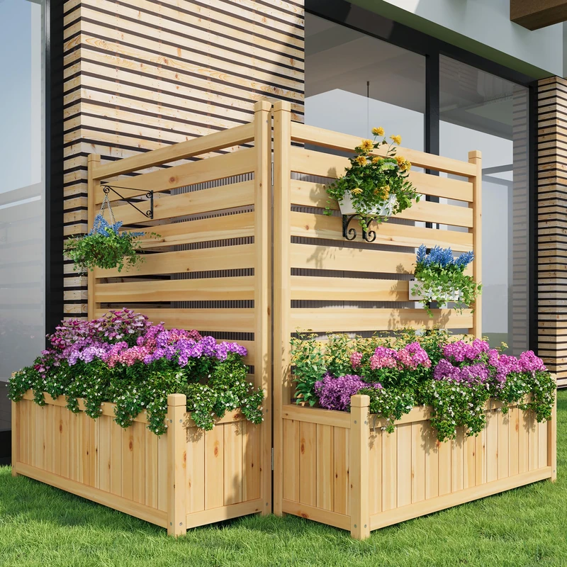 GarveeHome 2-Panel Outdoor Wooden Privacy Fence with Planter Box – Freestanding Garden Screen for AC Units, Trash Cans & Patio – Decorative Divider with Easy Planting – Size: Two Flower Pots
