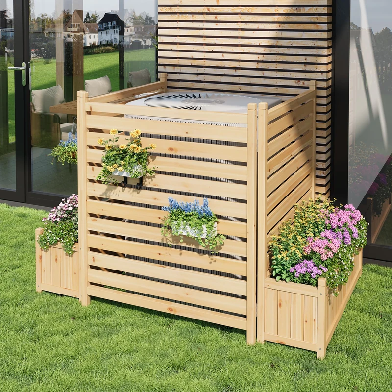 GarveeHome Wooden Privacy Fence Panels with Planter Box – 3-Panel Outdoor Divider Screen for AC Units, Trash Bins & Garden Equipment – Decorative Freestanding Design – Easy Assembly – Size: Two Flower - Image 1