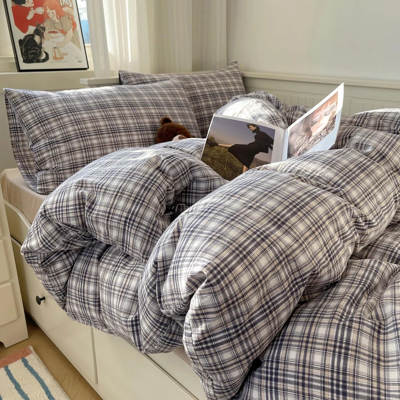 mixinni Twin XL Duvet Cover Set - 3 Piece Vintage Buffalo Plaid Bedding, 100% Washed Cotton Duvet Cover with 2 Pillowcases, Soft & Breathable Gray Beige White Geometric Grid Pattern for All Seasons