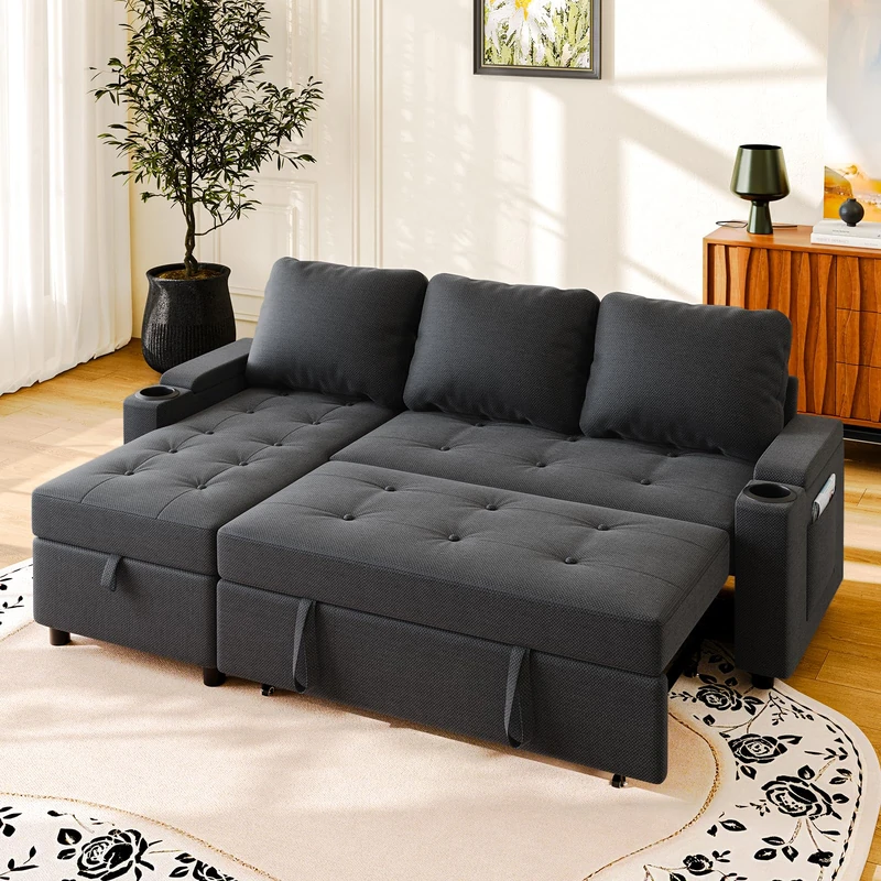 JUMMICO Convertible Corner Sofa Bed with Storage 3 Seater Pull Out Sleeper Sofa L-Shaped Sectional Small Couch for Living Room and Bedroom, Gray