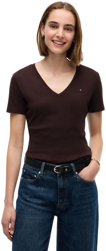 Tommy Hilfiger Women Slim Cody V-Nk Ss Ww0Ww40584 S/S T-Shirt, Brown (Chocolate), XL