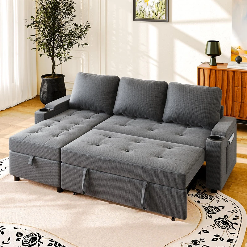 JUMMICO Convertible Corner Sofa Bed with Storage 3 Seater Pull Out Sleeper Sofa L-Shaped Sectional Small Couch for Living Room and Bedroom, Light Gray