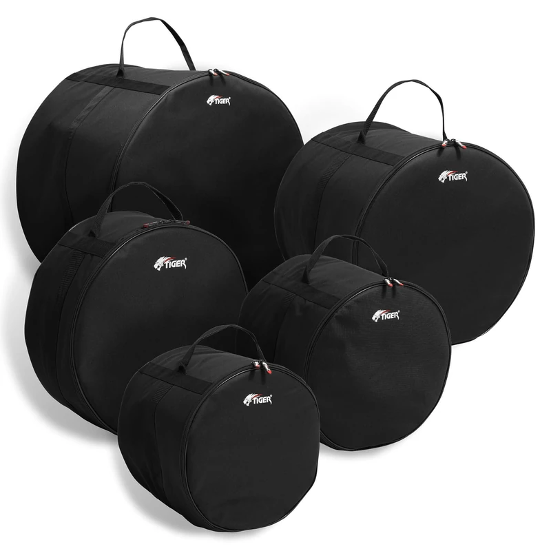 Tiger 5-Piece Drum Bag Set – Lightweight and Durable 600D Nylon with Thick Foam Padding – Fits Standard Rock Drum Sizes (22", 12", 13", 14", 16") – Ergonomic Carry Handles for Easy Transport – Black