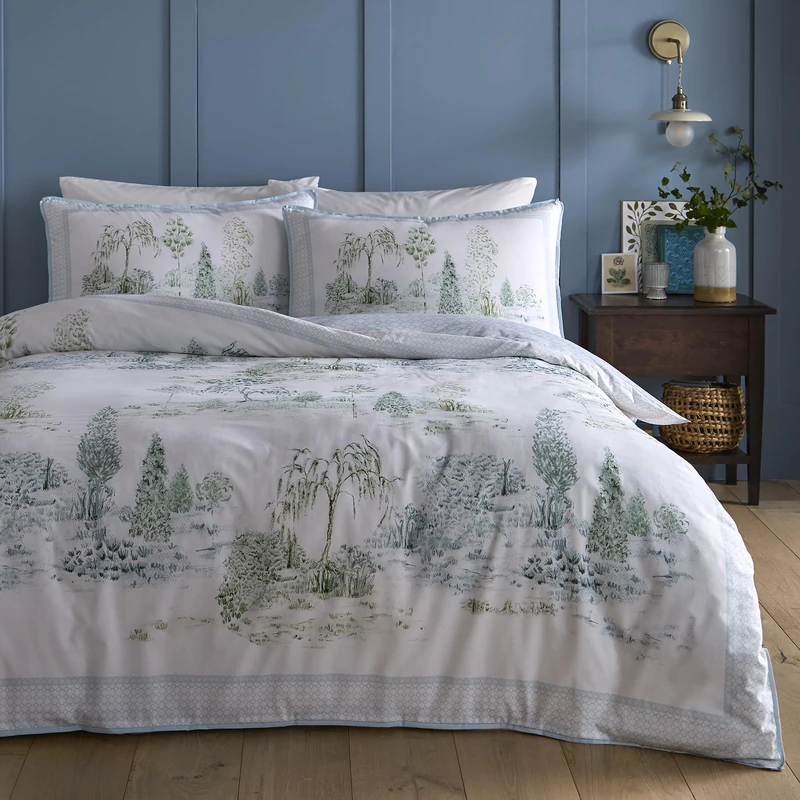 Appletree Willow Tree Scene Duvet Cover Set Super King 260 x 220cm – 100% Cotton Bedding with Scenic Willow Tree Design, Includes 2 Pillowcases, Blue