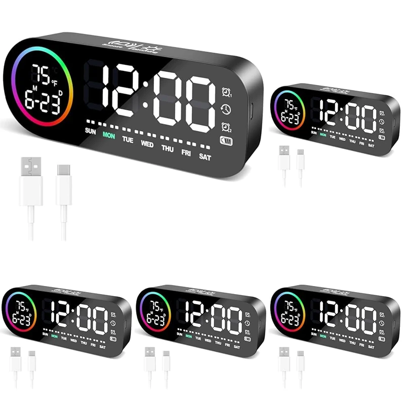 Vinabo Digital Alarm Clock with 7 Color Night Light, 4 Brightness Levels, Large LED Temperature Display, Voice Control, 12/24H, USB Port, Snooze, Power Off Memory (Black) (Pack of 5)