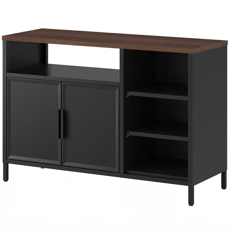 YITAHOME Storage Cabinet, Metal Cabinet, Sideboard, Cupboard with Double Doors, Magnetic Catch, Adjustable Shelves, Steel Frame, 42.5 x 15.7 x 29.9 inch, Black Case + Walnut Countertop