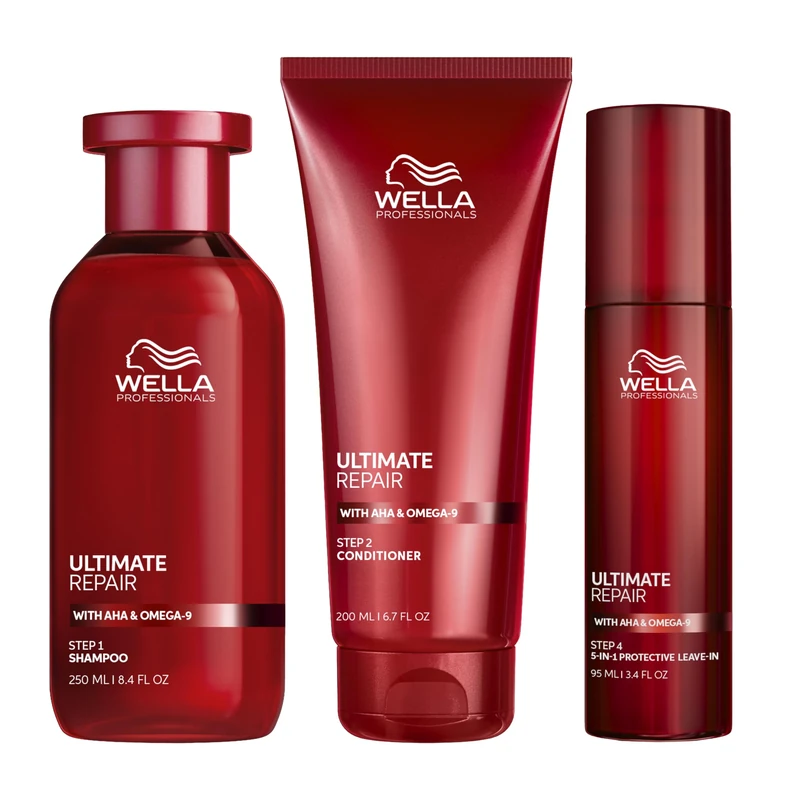 Wella Professionals Ultimate Repair Shampoo (250ml) + Ultimate Repair Conditioner (200ml) + Ultimate Repair Leave-in Lotion - 5-in-1 Breakage, Damage and Heat Protection Hair Treatment (95ml)