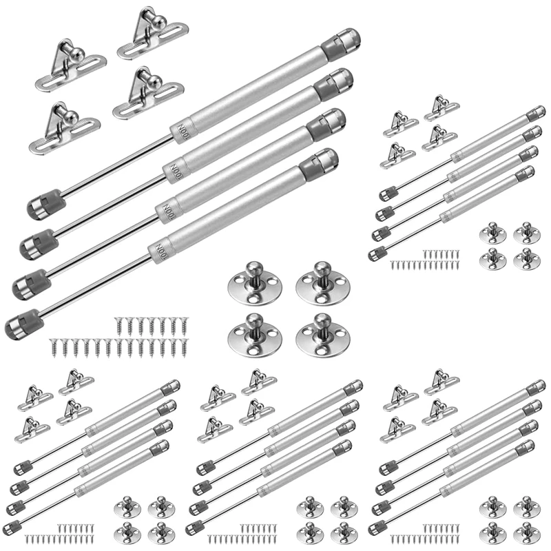 Vinabo 4 100N Gas Springs, Gas Pistons for Doors, Furniture Jack, Cabinet Hinge, Hinge Damper for Kitchen cabinets, Silver/Black (Pack of 5)