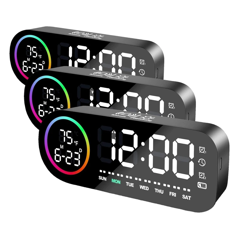 Vinabo Digital Alarm Clock with 7 Color Night Light, 4 Brightness Levels, Large LED Temperature Display, Voice Control, 12/24H, USB Port, Snooze, Power Off Memory (Black) (Pack of 3)