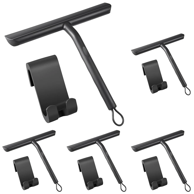 Vinabo Silicone Squeegee Shower Cleaner with Hook, Black Shower Scraper for Bathroom, Kitchen, Car, Window and Glass Cleaning (Pack of 5)