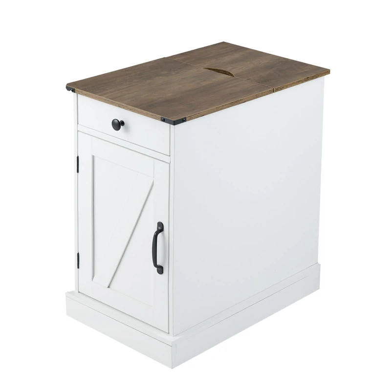 FANTASK Side Table with Charging Station, Bedside Cabinet with Drawer & Adjustable Shelf, Modern Sofa Table with Folding Table Top & Removable Tray, Bedside Table for Living Room (White) - Image 1