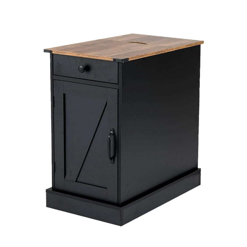 FANTASK Side Table with Charging Station, Bedside Cabinet with Drawer & Adjustable Shelf, Modern Sofa Table with Folding Table Top & Removable Tray, Bedside Table for Living Room (Black)