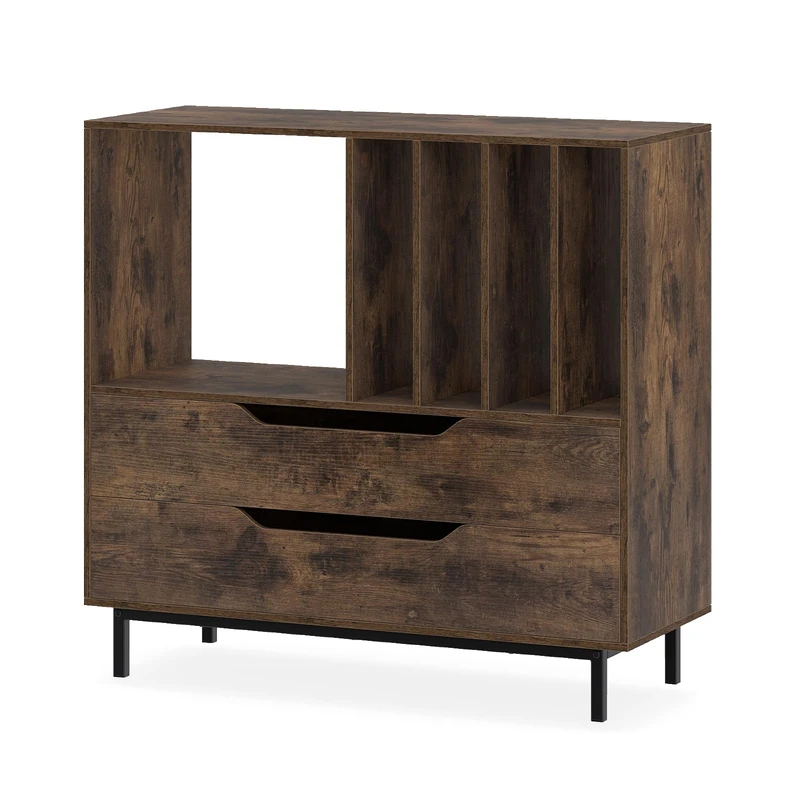 FANTASK Record Player Stand with Open Compartment, Record Stand with 4 Vinyl Compartments, Metal Legs & Drawer, Display Shelf for Bedroom & Living Room (Brown) - Image 1