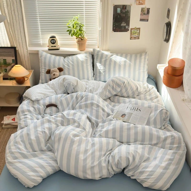 Jolusere Striped Comforter Set Queen 3 Pieces Blue Stripes Bedding Set, Blue White Striped Design, 100% Microfiber, Super Soft Lightweight Comforter with 2 Pillowcases, All Season