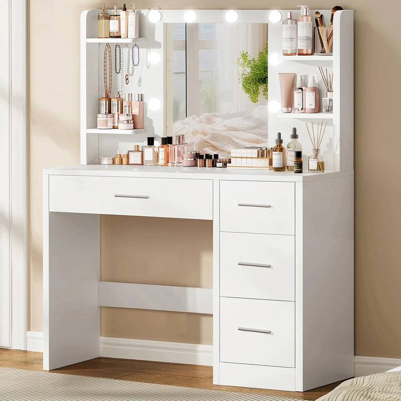 TEENFON Dressing Table, Vanity Desk with Mirror and Lights, Vanity table with 4 Storage Shelves for Bedroom, 4 Drawers 5 Jewelry Hooks White