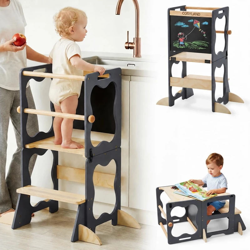 COSYLAND 3-in-1 Foldable Toddler Standing Tower, Convertible Kids Kitchen Stool Tower with 4 Extra Support Feet, Learning Helper for Bathroom Sink, with Blackboard (Grey & Natural) - Image 1