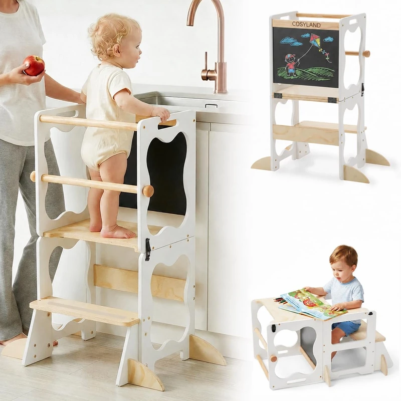 COSYLAND 3-in-1 Foldable Toddler Standing Tower, Convertible Kids Kitchen Stool Tower with 4 Extra Support Feet, Learning Helper for Bathroom Sink, with Blackboard (White & Natural)