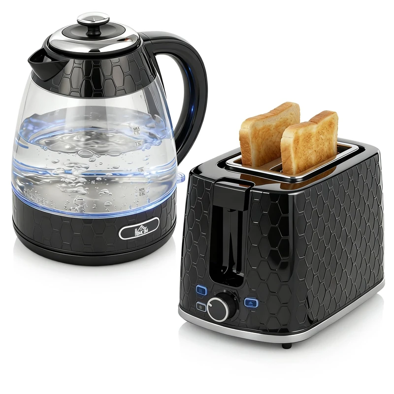 HOMCOM Kettle and Toaster Set, 1.7L 3000W Rapid Boil Jug Kettle with Limescale Filter, 2 Slice Toaster with 7 Browning Controls, Crumb Tray, Black