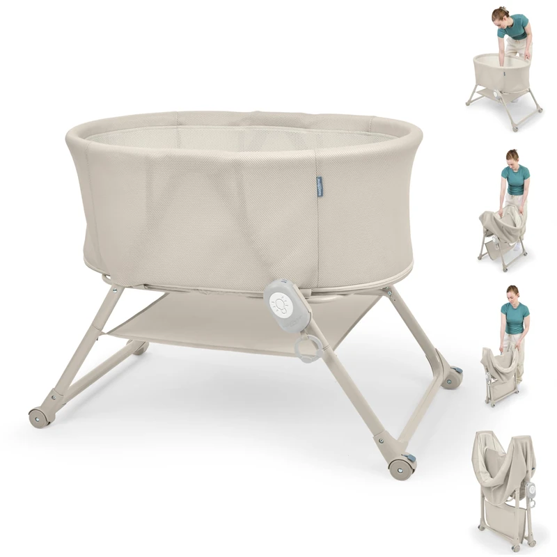 Ingenuity Snooze & Stow Easy-Folding Bassinet with Sound, Light, and Vibration, Portable Baby Bassinet with One-Hand Fold, Mesh Sides, Storage Shelf, and Wheels