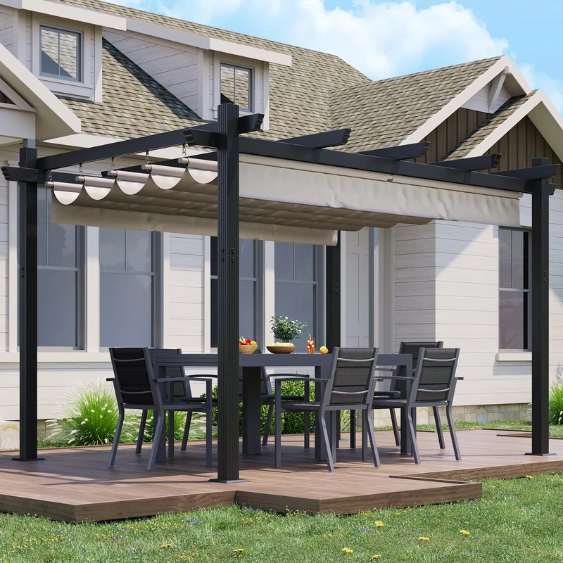 JUMMICO 3x4m Pergola with Adjustable Canopy, Freestanding Aluminium Patio Cover, Waterproof & Sturdy Pavilion with PC Panels & Magnetic Fixing, All-Season