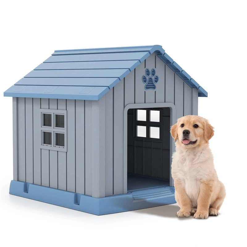 GYMAX Plastic Dog House, Indoor Outdoor Dog Kennel with Air Vents, Detachable roof and Elevated Floor, Waterproof Insulated Puppy Shelter for Small Medium Cats Rabbits Puppies