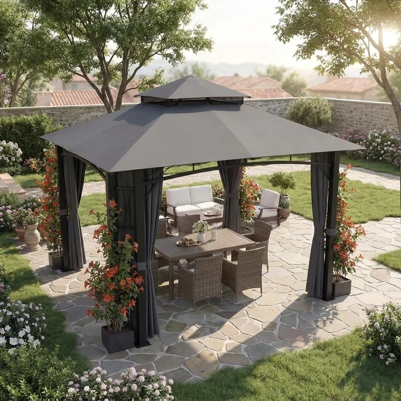 JUMMICO Decorative Gazebo Pergola 3x3m with Sides & 4 Flower Pots, Steel Frame, Foliage Pattern, Double Vent Roof, Waterproof & UV50+, Detachable Curtains for Garden, Patio – Grey