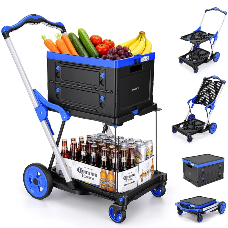 COOCHEER Folding Shopping Trolley 90 kg Load Capacity, 2 Levels Shopping Trolley with Folding Basket, One-Click Folding in 3 Seconds, Height-Adjustable Handle for Supermarket, Household, Warehouse and