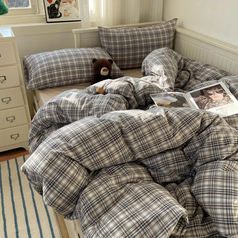 MKXI Full Modern Plaid Duvet Cover Set 3 Piece - Deep Navy Washed Cotton Bedding, Modern Farmhouse Check Design, Breathable & Vintage Linen Like Bedding Set with Zipper Closure