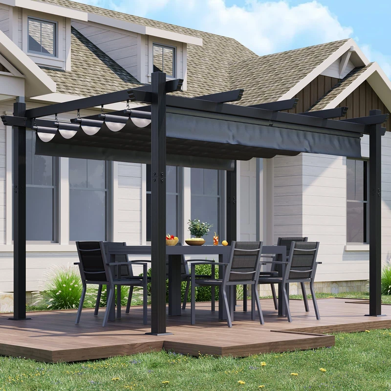 JUMMICO 3x4m Pergola with Adjustable Canopy, Freestanding Aluminium Patio Cover, Waterproof & Sturdy Pavilion with PC Panels & Magnetic Fixing, All-Season