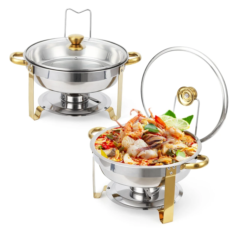 Garvee 5QT Round Banquet Stove - Set of 2 with Glass Lid - Stainless Steel Dish Warmer for Buffet, Wedding, Receptions