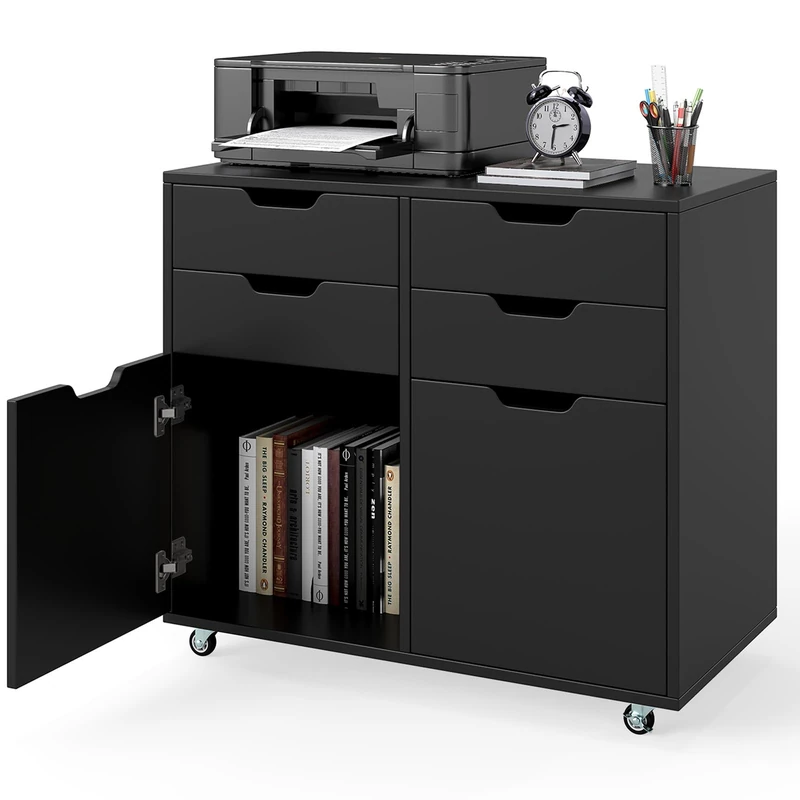 CASART Rolling File Cabinet, 4/5/7 Drawers Freestanding Storage Organizer Cupboard on Wheels, Home Office Lateral Filing Chest (4 Drawers + 2 Door, Black)
