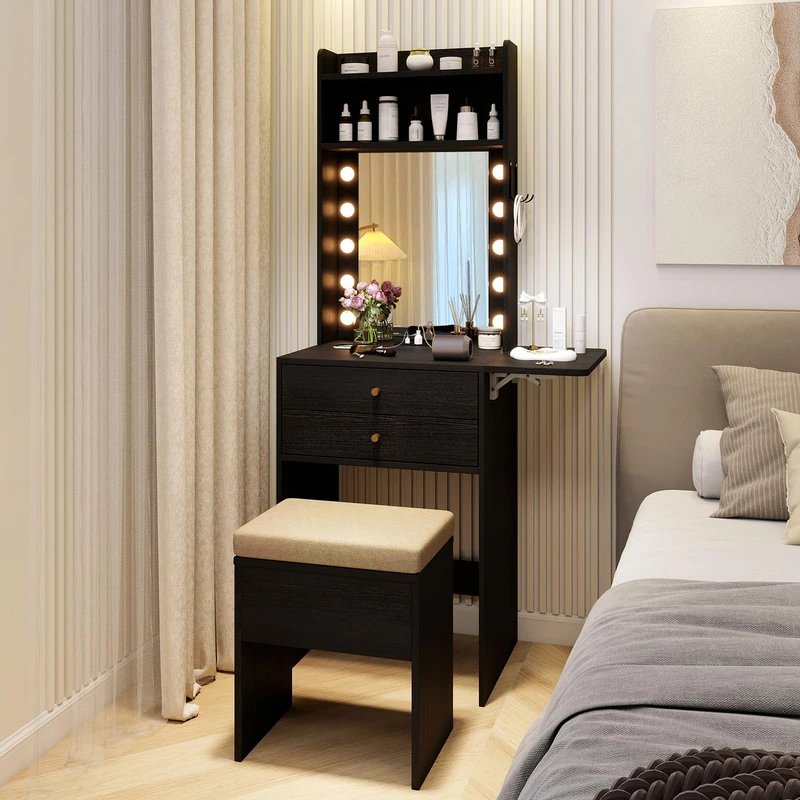 RELAX4LIFE Dressing Table with Mirror and Stool, Modern Makeup Vanity Desk with 3-Color LED Lights, Drop Leaf Countertop, Charging Station, Storage Shelves, Drawers & Hooks, Cosmetics Dresser (Black)