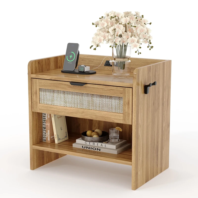 Garvee Bohemian Rattan Bedside Table with Type-C Charging Port - 1 Drawer
