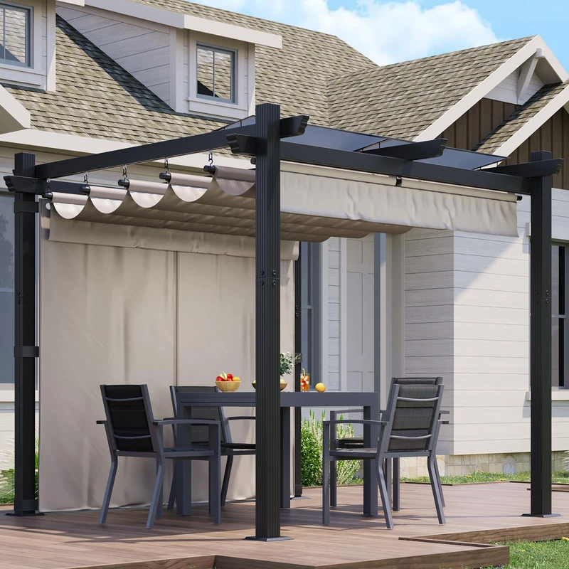 JUMMICO 3x3m Pergola with Adjustable Canopy, Freestanding Aluminium Patio Cover, Waterproof & Sturdy Pavilion with PC Panels & Magnetic Fixing, All-Season