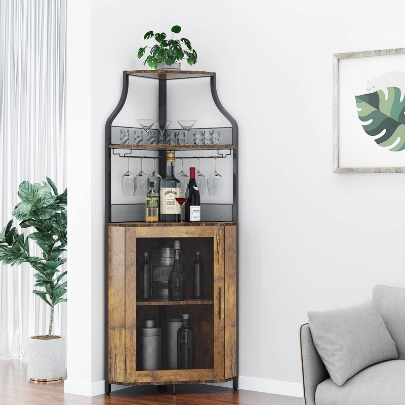 Garvee Corner Wine Cabinet, Industrial Style Wine Rack with LED Lighting, Bar Cabinet with Adjustable Wine Rack and Glass Holder, Beverage Storage, Wine Bar for Kitchen - Image 1
