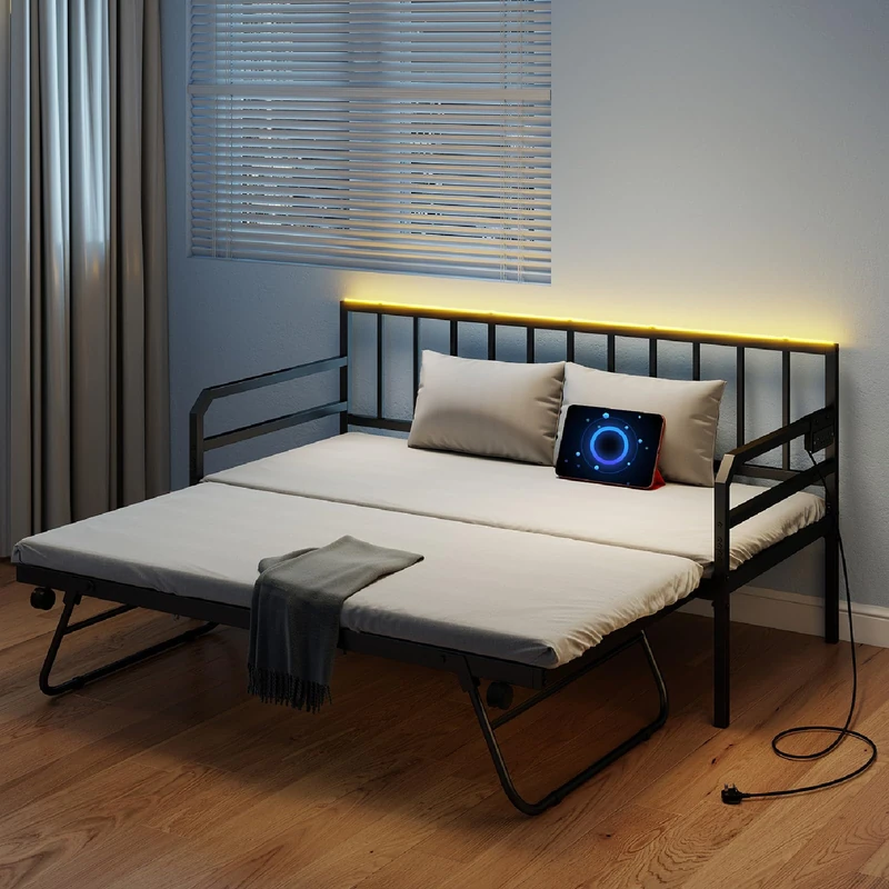RELAX4LIFE Metal Daybed Frame with Trundle, 3FT Single Slat Support Bedstead with RGB LED Lights and Charging Station, Space-Saving Sofa Bed Base for Living Room Bedroom, No Box Spring Needed (Black)