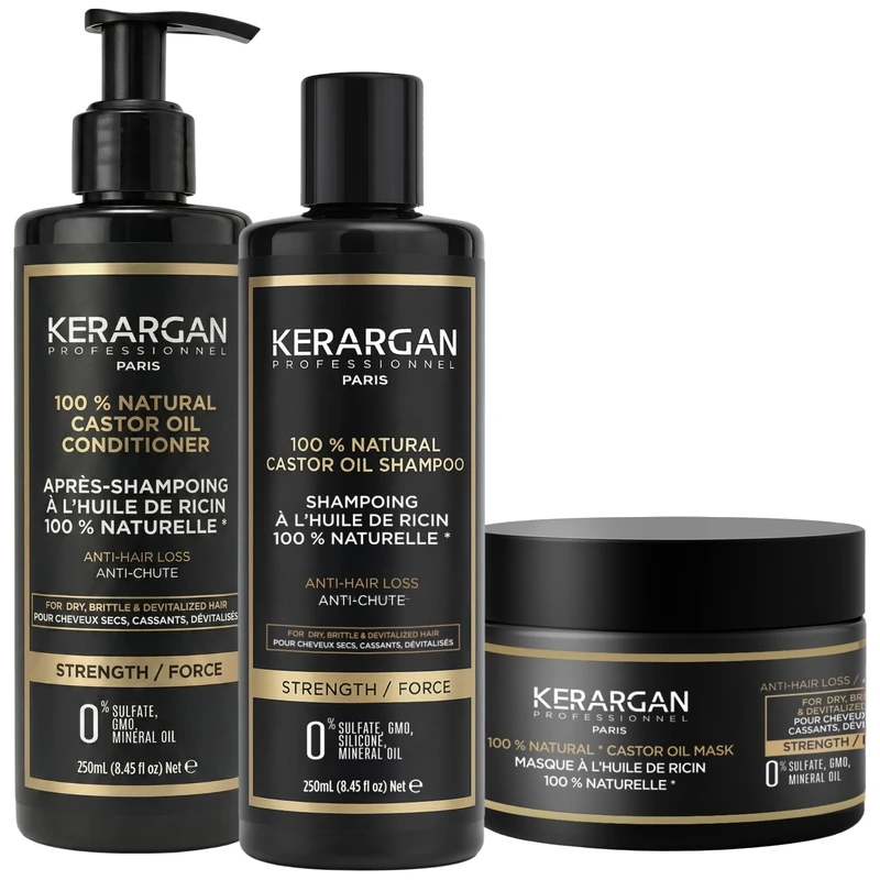 Kerargan - Hair Growth Castor Oil Trio Shampoo, Conditioner & Mask for Dry, Brittle or Devitalized Hair - Accelerates Growth - Sulfate-Free, Silicone-Free - 3x250ml