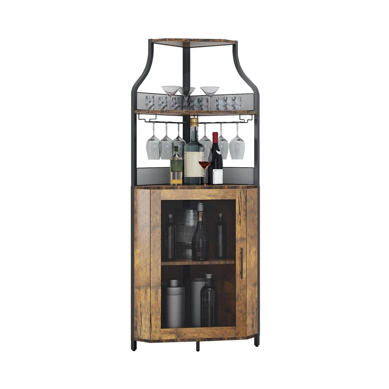 Garvee Corner Wine Cabinet, Industrial Style Wine Rack with LED Lighting, Bar Cabinet with Adjustable Wine Rack and Glass Holder, Beverage Storage, Wine Bar for Kitchen - Image 1