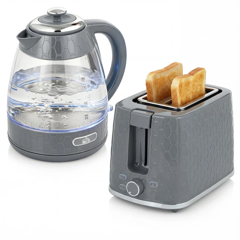 HOMCOM Kettle and Toaster Set, 1.7L 3000W Rapid Boil Jug Kettle with Limescale Filter, 2 Slice Toaster with 7 Browning Controls, Crumb Tray, Grey
