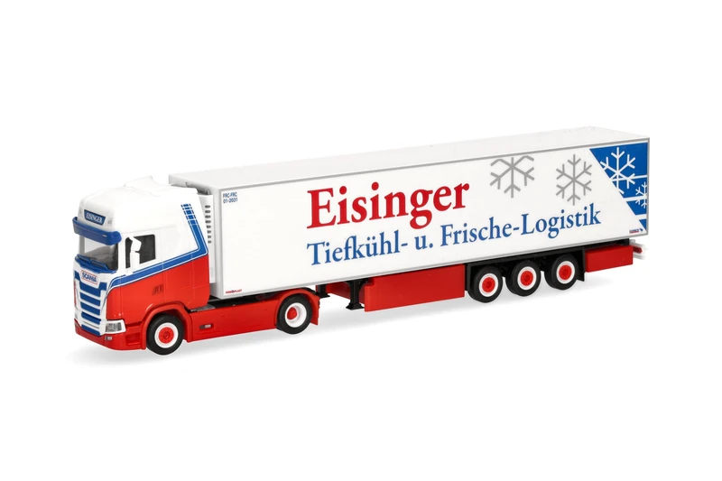 Herpa truck model Scania CS 20 HD refrigerated box semitrailer "Eisinger", on a scale of 1:87, plastic miniature, made in Germany, model building, collectors edition