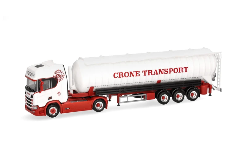 Herpa truck model Scania CR 20 HD vacuum bulk semitrailer "Crone Trade and transport", on a scale of 1:87, plastic miniature, made in Germany, model building, collectors edition