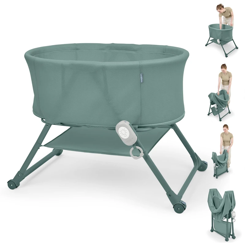 Ingenuity Snooze & Stow Easy-Folding Bassinet with Sound, Light, and Vibration, Portable Baby Bassinet with One-Hand Fold, Mesh Sides, Storage Shelf, and Wheels - Image 1