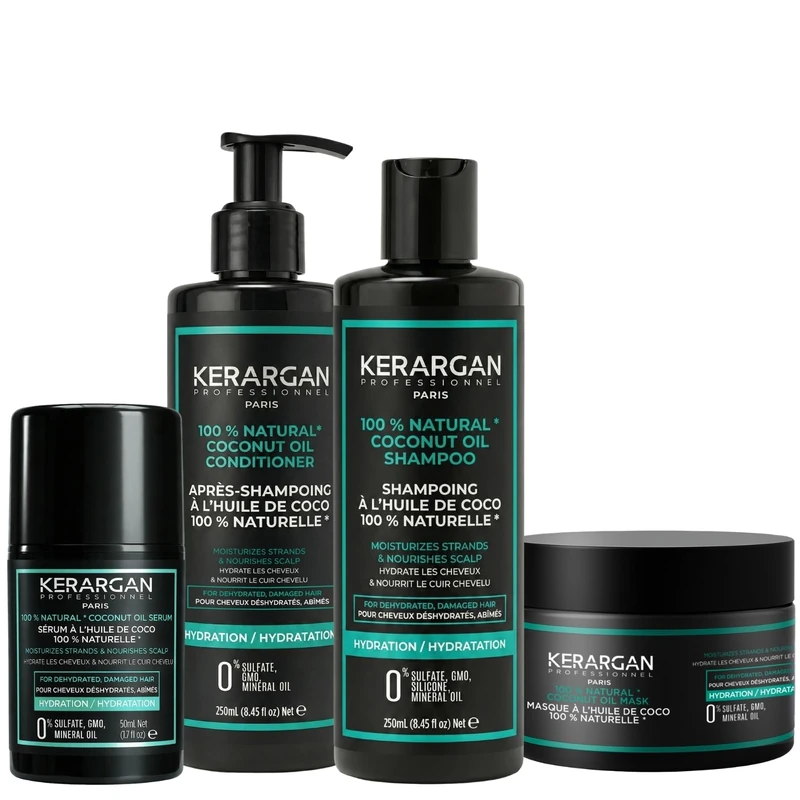 Kerargan - Coconut Oil Moisturizing Shampoo, Conditioner, Mask & Serum Set - Complete Care for Dehydrated, Damaged Hair - Sulphate, GMO, Silicone Free - 3x250ml +1x50ml