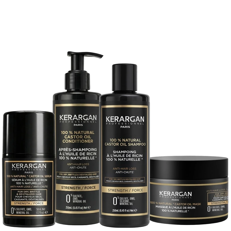 Kerargan - Complete Hair Growth Castor Oil Set: Shampoo, Conditioner, Mask & Serum for Tired, Dry, Brittle Hair - Supports Growth - Sulfate-Free, Silicone-Free - 3x250ml + 1x50ml - Image 1