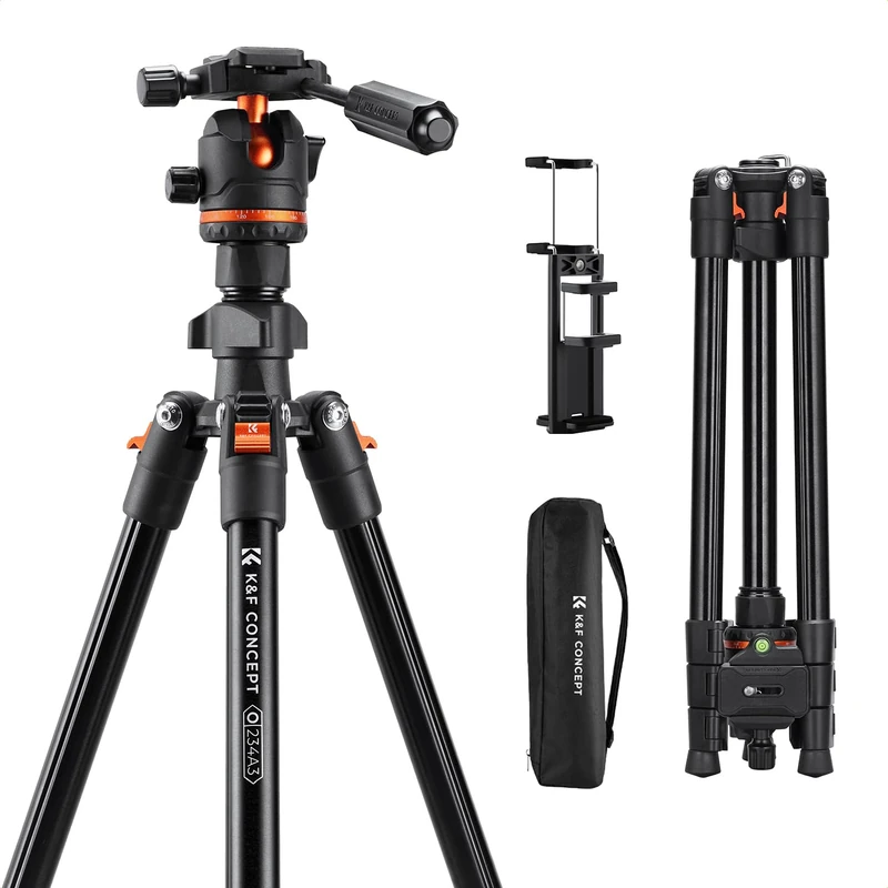 K&F CONCEPT 71"/182cm Camera Tripod with Handle, Aluminum Travel Tripod with Tilt Limiter Compatible for Camera and Phone, Load Capacity 8kg Arca Swiss Ball Head for DSLR Mirrorless, O234A3+BH-36