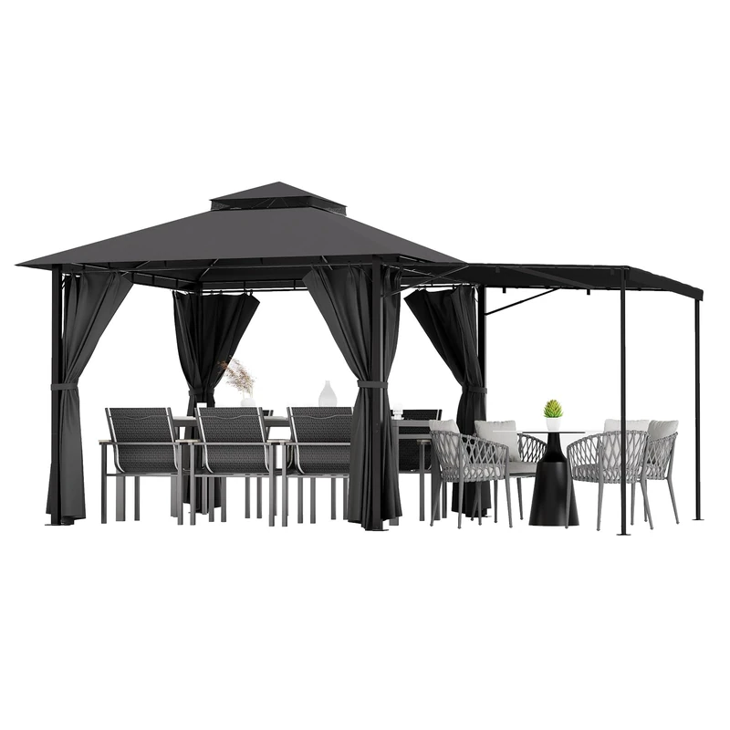 JUMMICO 3x3m Garden Pavilion with Extension Canopy, Waterproof & Sturdy Party Tent with Double Roof & Side Walls, Foldable Pavilion with Adjustable Shade Area for Garden and Patio