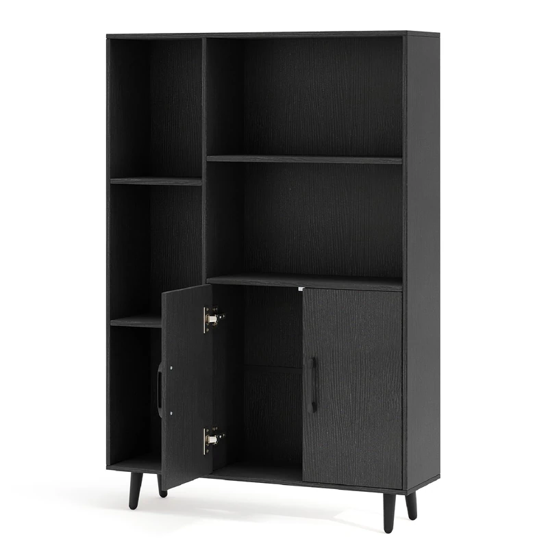 CASART Sideboard Cabinet, Wooden Hallway Storage Cabinet, Home Office Display Cupboard Freestanding Living Room Bookcases (with 5 Open Units & 2 Doors, Black)