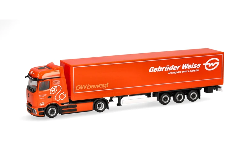 Herpa truck model Mercedes-Benz eActros 600 ProCabin Bigspace curtain canvas semitrailer "Gebrüder Weiss" (Austria), on a scale of 1:87, plastic miniature, made in Germany, model building